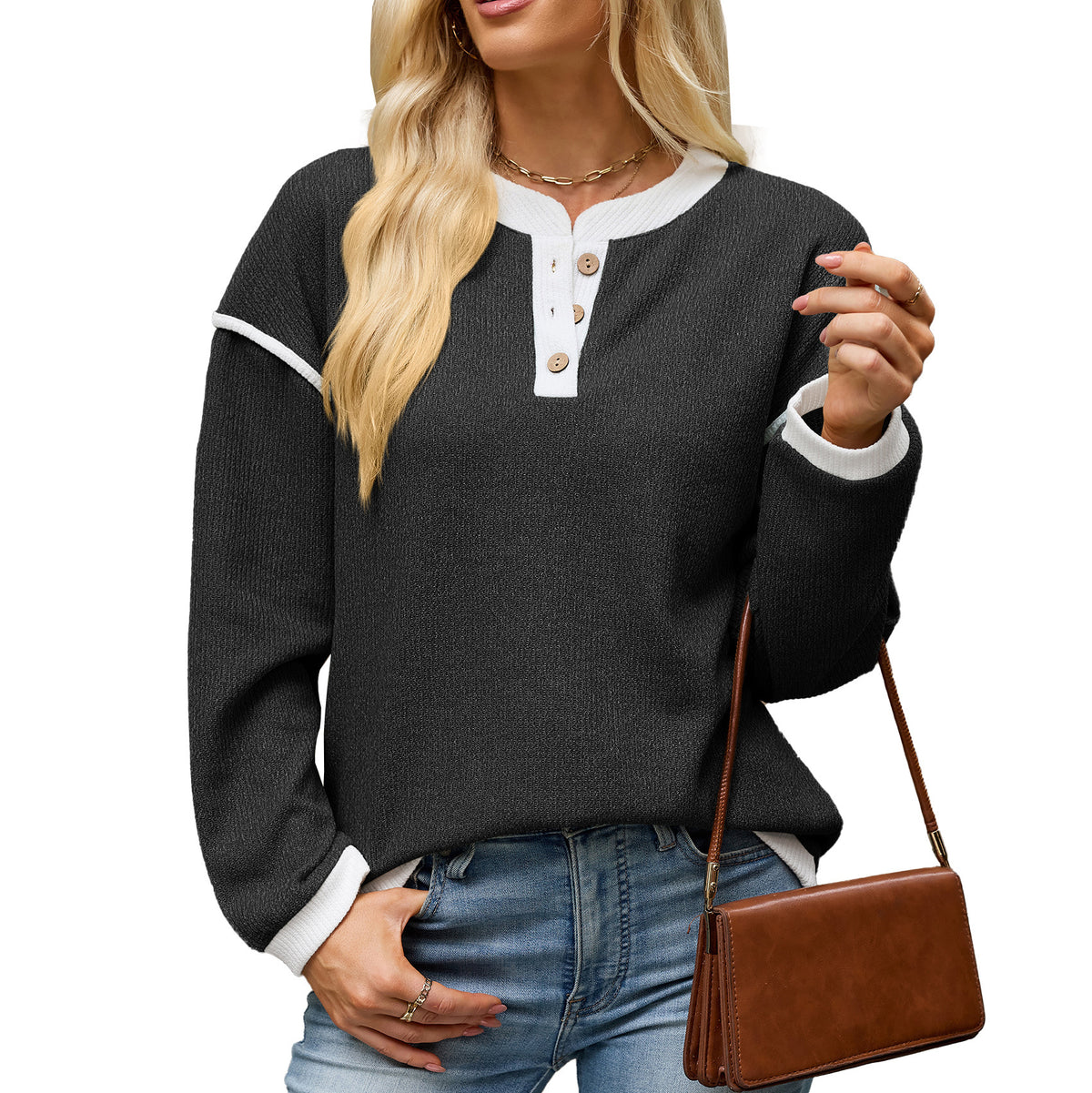 Color-block Crew-neck Button-up Loose-fit Long-sleeve T-shirt For Women