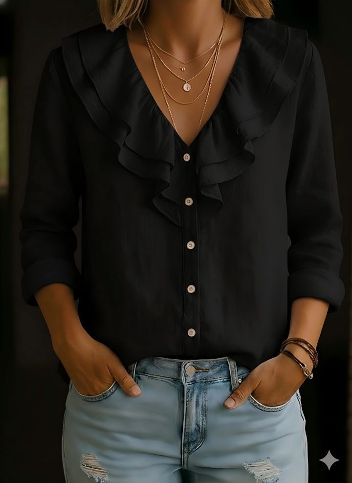 V-neck Ruffled Loose-fitting Long-sleeve Blouse For Women