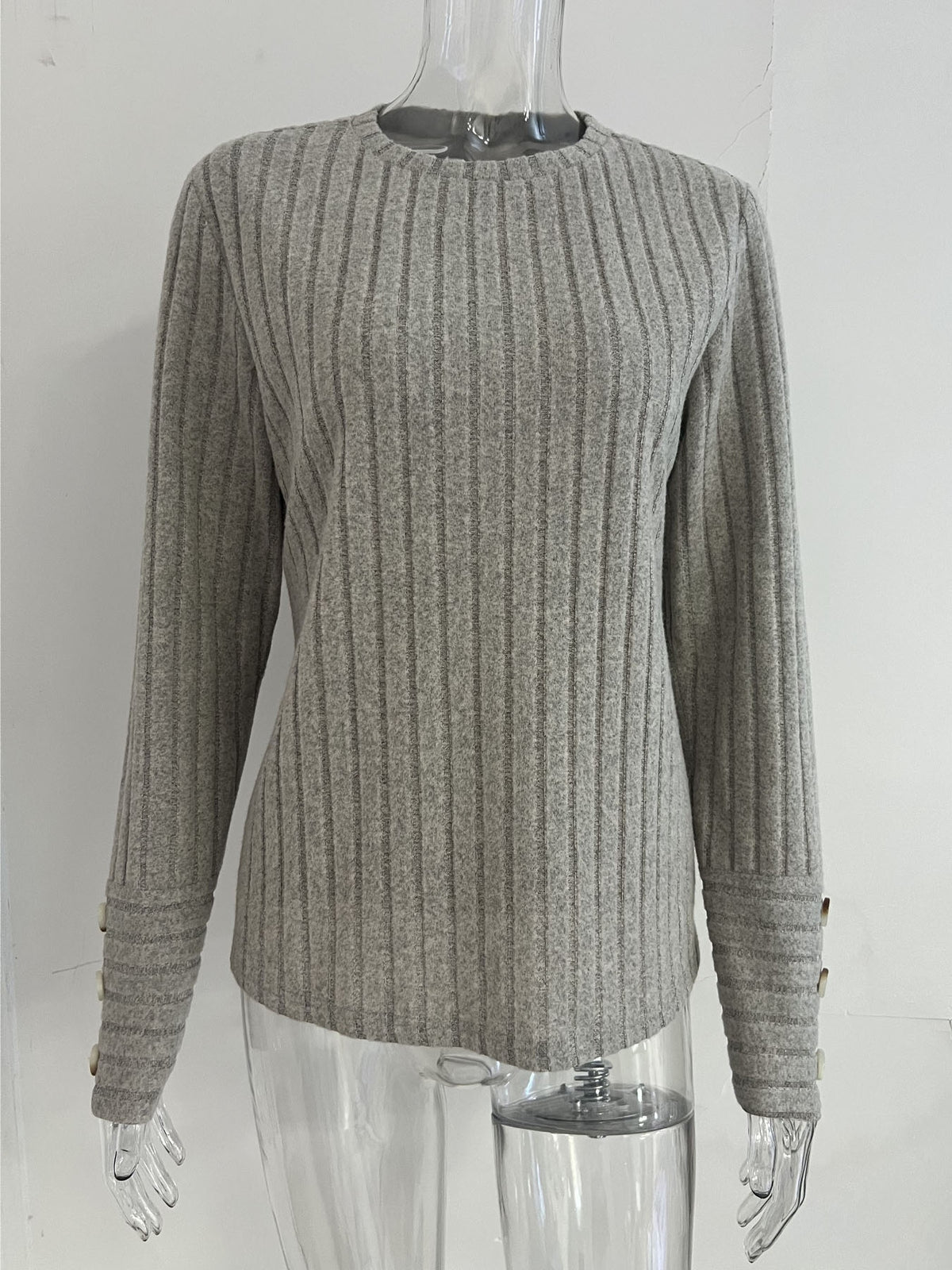 Women Ribbed Knit Long Sleeve Top Crew Neck Blouse With Decorative Buttons On Cuffs Casual Loose Shirts