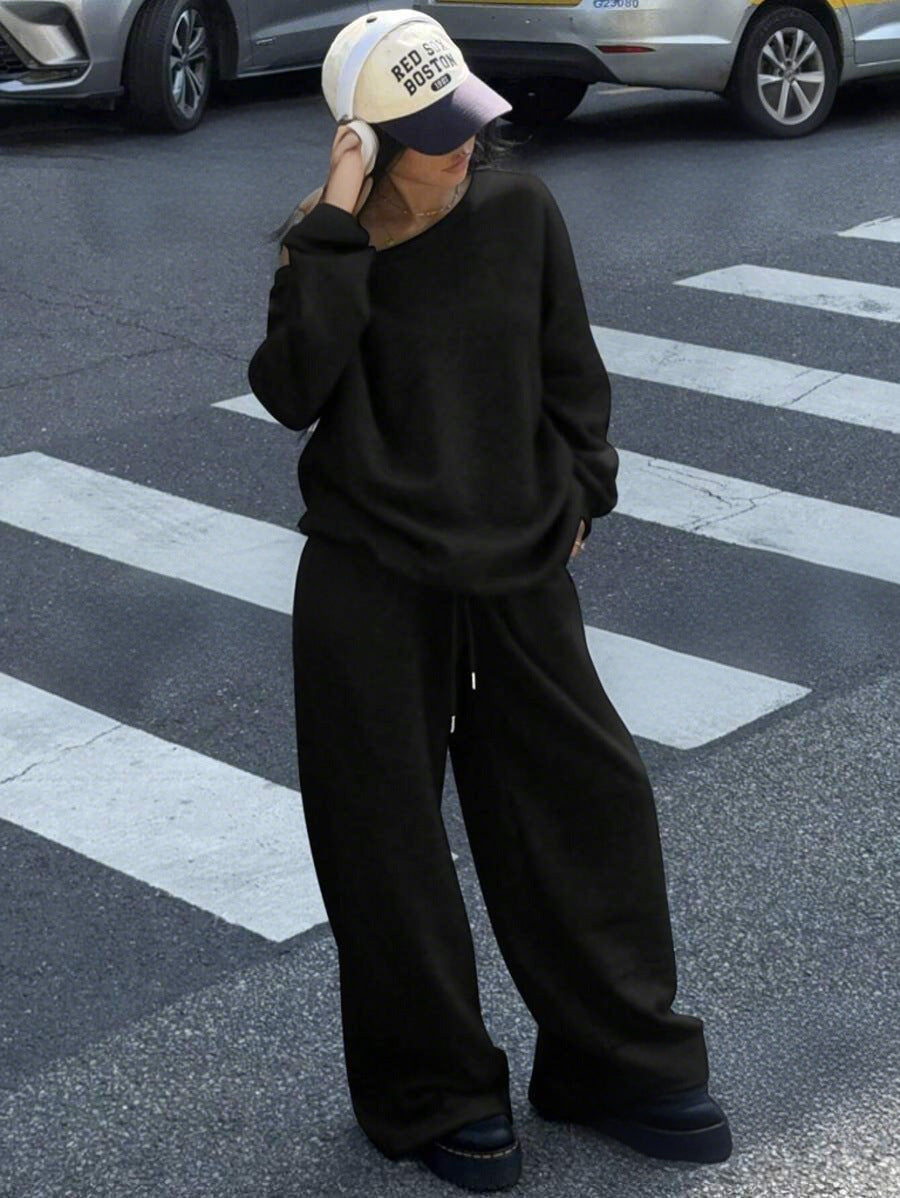 Casual Sports Style Round Neck Loose Hoodie And Casual Pants Set For Women
