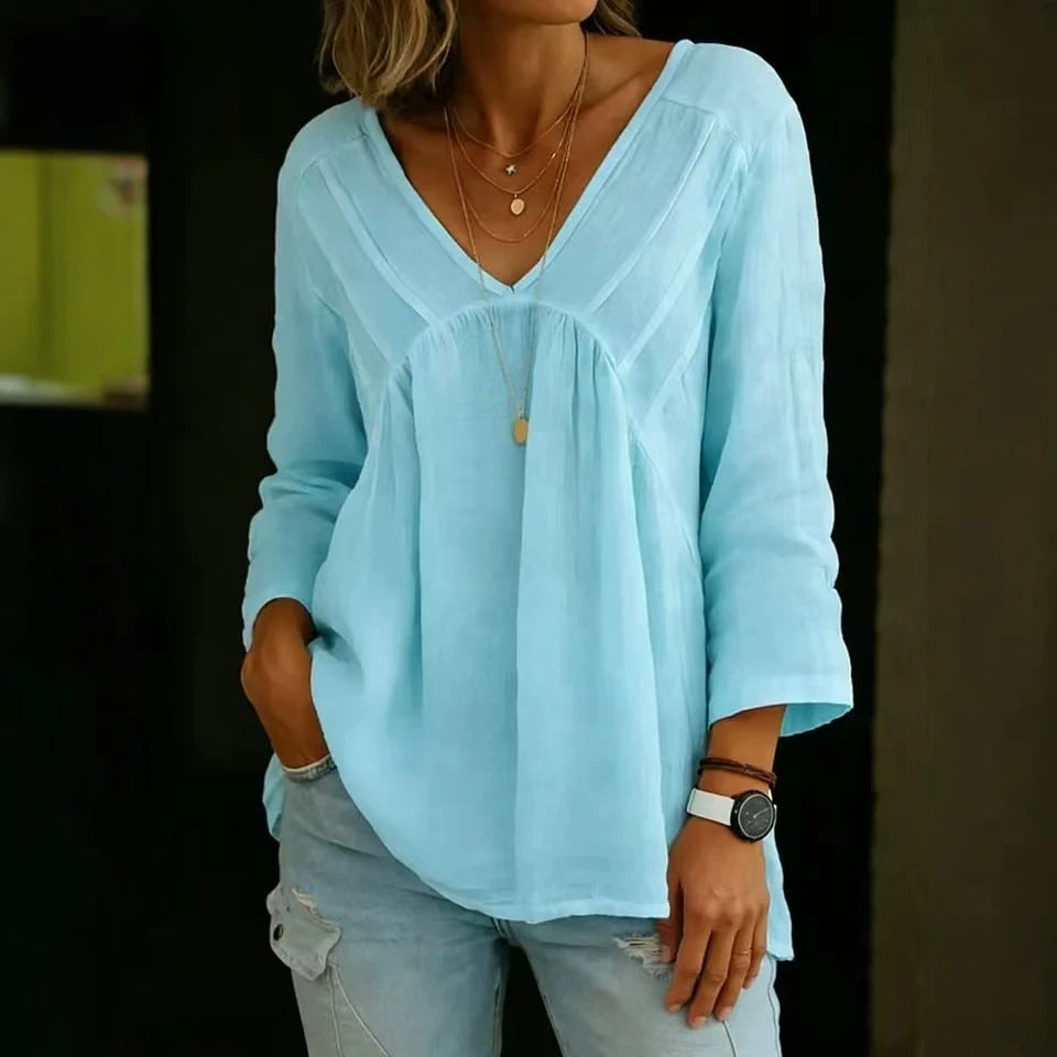 Solid-color Casual Loose-fitting Long-sleeve Top For Women