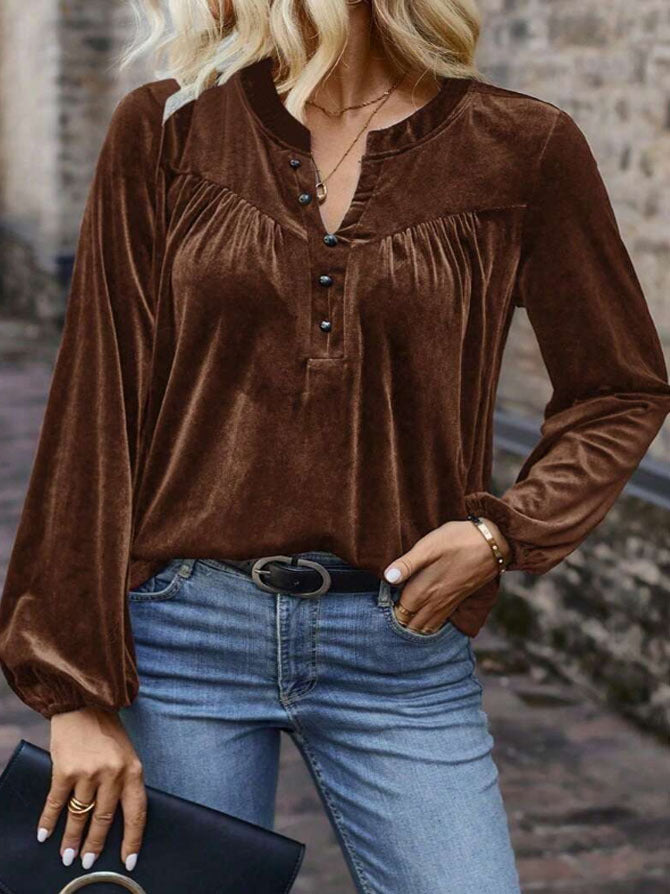 Women Velvet Long Sleeve Blouse,V Neck Henley Button Pleated Loose Casual Shirt, Solid Color Lantern Sleeve Tops