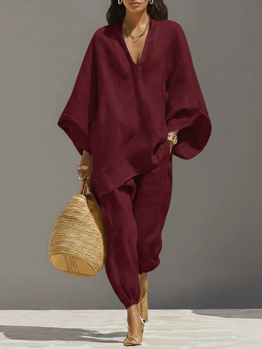 Women Casual Lazy Loose Solid Color Shirt Set