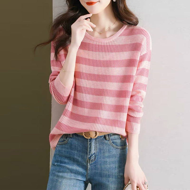 Striped Long Sleeve Women Loose Western Style Inner Wear Blouse