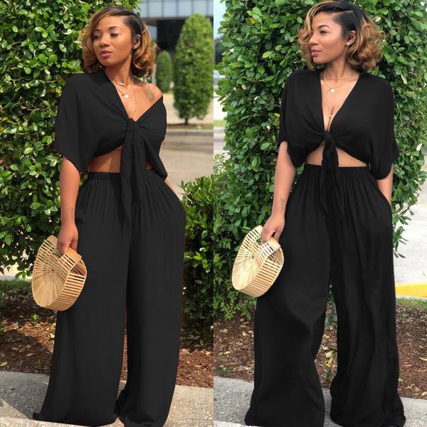 Deep-V Casual Wide-leg Pants Set For Women