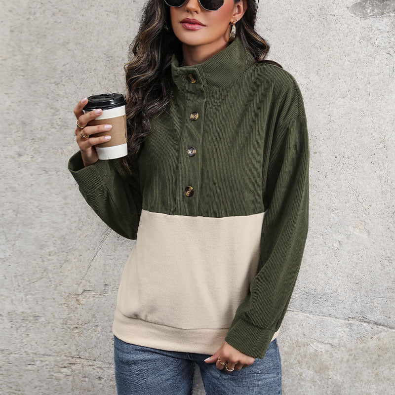 Brushed Corduroy Contrast Color Sweatshirt Women